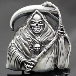 FIVELA CAVEIRA Homens Prata 3D Grim Reaper Esqueleto Crânio Foice Santa Muerte Fivela de Cinto R$120,00  FRETE GRATIS