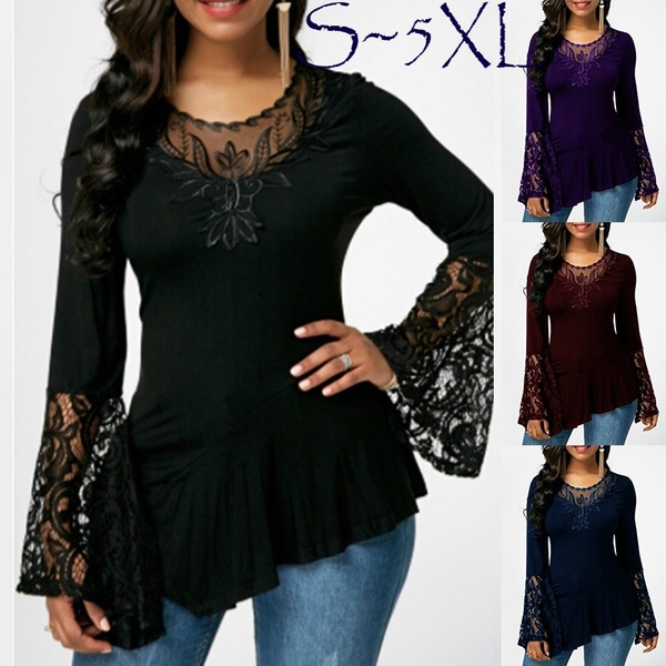 BLUSA Plus Size Moda Feminina Blusa Camisetas Irregular Hem Com Flare Flare Longo Sleecve Tops R$120,00  FRETE GRATIS