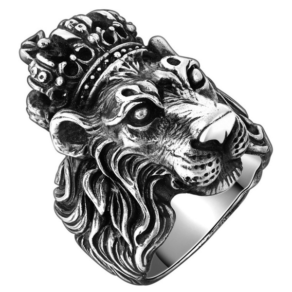 ANEL Rei do leão do vintage anéis de dedo de aço inoxidável para homens crown cruz anel de cabeça de leão animal anel de punk rock anéis para homens jóias R$30,00 FRETE GRATIS