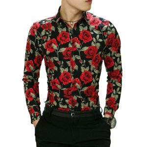 CAMISA Primavera camisa de impressão floral para homens nova moda manga comprida flor mens camisas masculinas slim flor casual homens camisa FRETE GRAIS