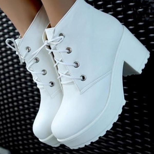 SAPATO Moda feminina de salto alto Ankle Boots Saltos grossos Casual Lace Up Platform Shoes Branco Preto FRETE GRATIS