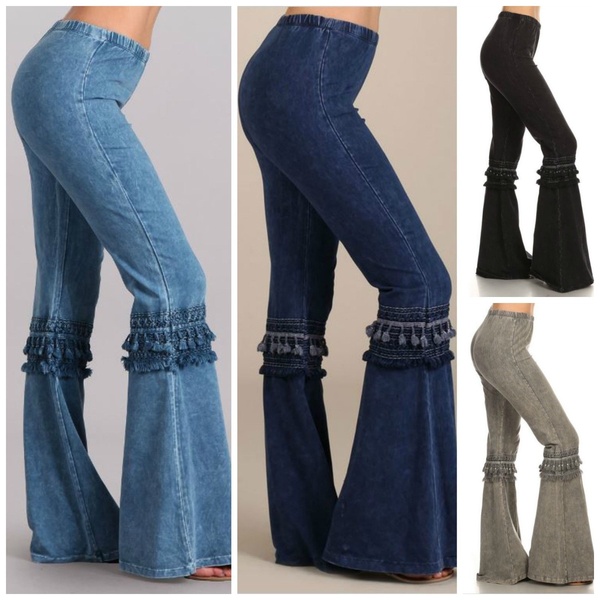 CALÇA Plus size senhoras sexy cintura alta rendas borla com joelho denim flare jeans efeito hippie boho chic sino inferior flare estiramento calças calças de yoga calças FRETE GRATIS