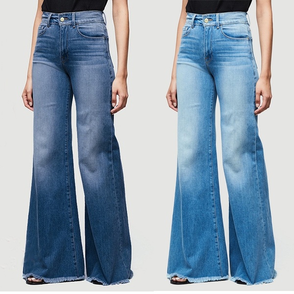 CALÇA Plus size moda feminina de cintura alta jeans perna larga queimado sino calças jeans inferiores FRETE GRATIS