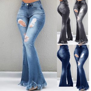 CALÇA Moda feminina rasgado perna larga calças jeans flare calças de brim sino plus size FRETE GRATIS