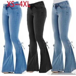 CALÇA Ladies Jeans Mid-cintura Side Tie Denim Calças Stretch Long Jeans FRETE GRATIS