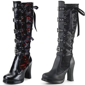 BOTA Gothic Punk Lolita Mid-Calf Shoes Joelho Botas altas de estilo vegan Zipper Bandage Buckle Lace Leather Boots Plus Size: 32-43 FRETE GRATIS