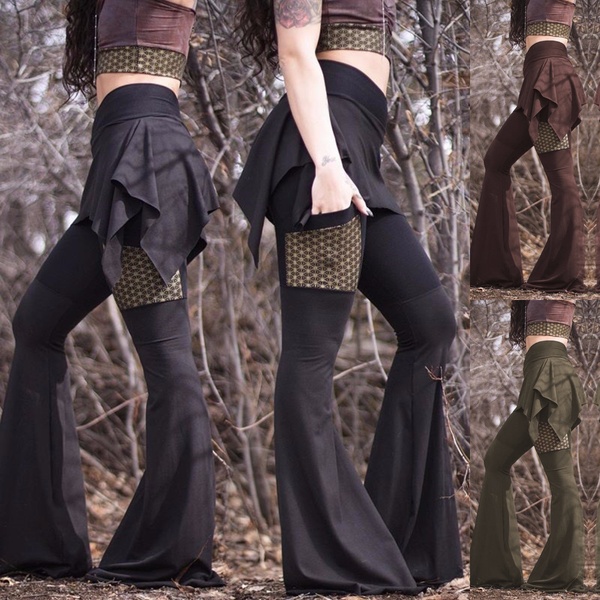CALÇA Novas mulheres da moda casual gótico sino calças de fundo cintura alta hippie boêmio skort leggings com bolsos FRETE GRATIS
