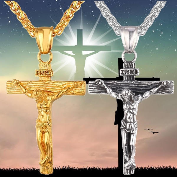 COLAR Moda Colar Cruz INRI Jesus Pingente de Ouro Cadeia de Aço Inoxidável Para Homens Presente Jóias Cristãs Do Vintage FRETE GRATIS