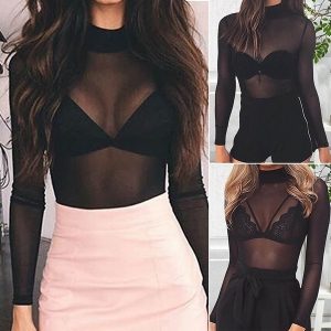 BORIS  Novas Mulheres Moda Sexy Ver Através Bodysuit Tops Silm See-Through Sheer Mesh Blouse Shirts FRETE GRATIS