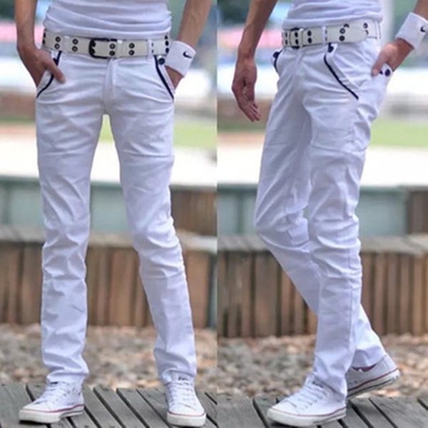 CALÇA Outono e verão nova calça jeans masculina branca pura cintura fina calças retas calças casuais FRETE GRATIS