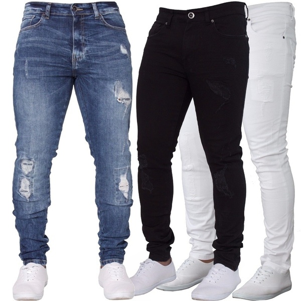 CALÇA para Meninos Rasgado Destruído Angustiado Trecho Magro Calças Jeans Azul Branco Preto FRETE GRATIS