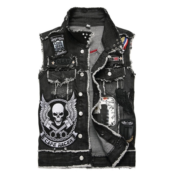 COLETE Punk Cowboy Jeans Vest Men Embroidered Skull Skull Vest Black Badge Motorcycle Vest FRETE GRATIS