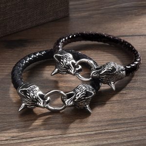 BRACELETE Cabeça de lobo de aço viking pulseira cadeia de corda de couro pulseira mens pulseira amuleto presentes jóias viking FRETE GRATIS