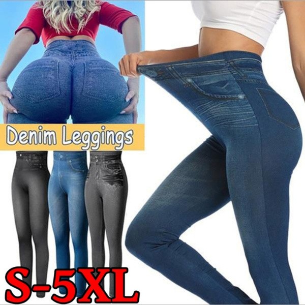 Mulheres leggings 2022 moda falso jeans leggings sexy longo bolso impressão  leggins outono casual calças de yoga